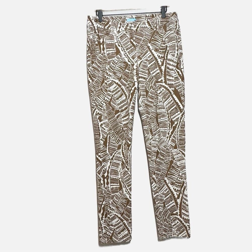 J McLaughlin brown and white abstract print slim jeans pants Spring size 10